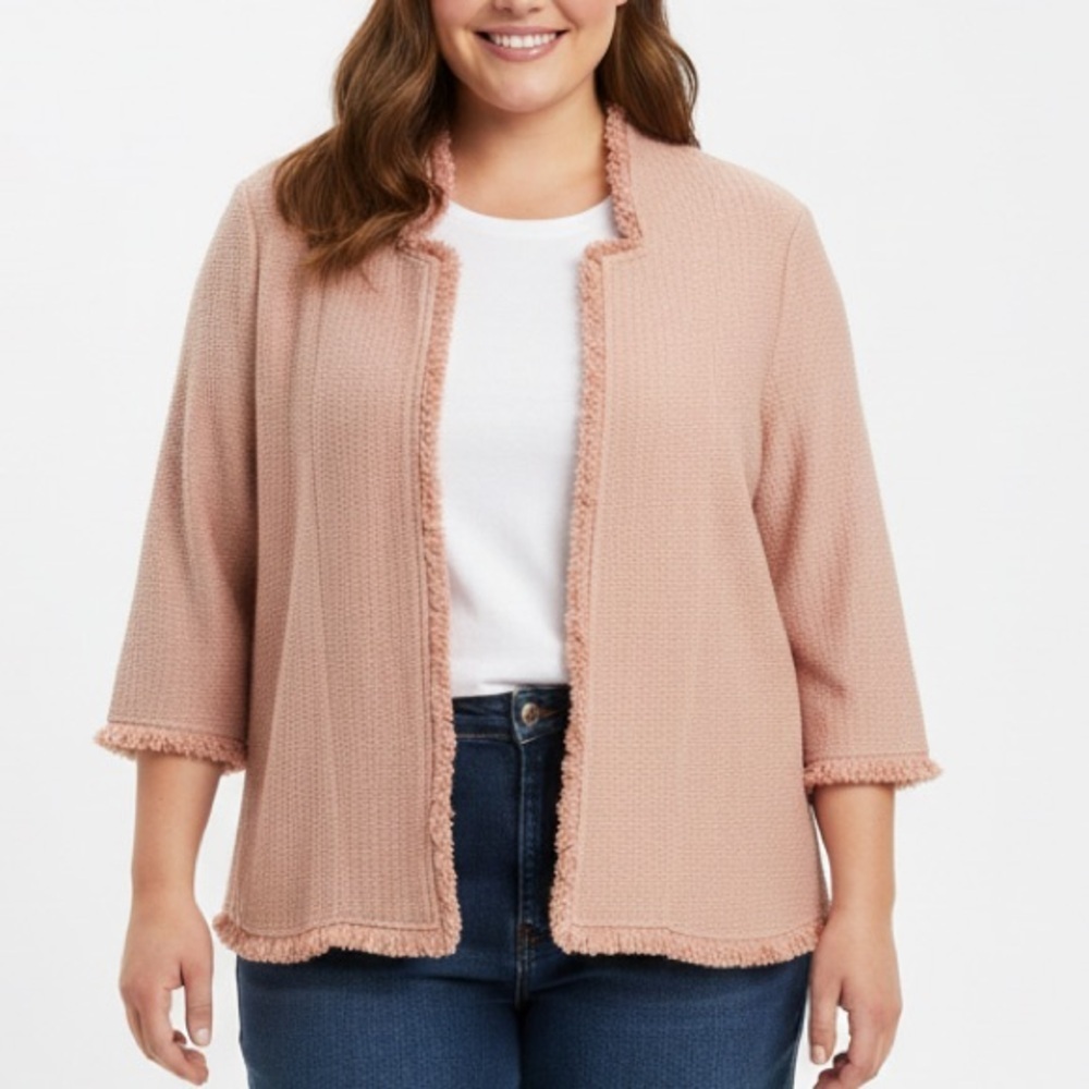 Mystree Fringed Open Front Cardigan Jacket Salmon Pink Large